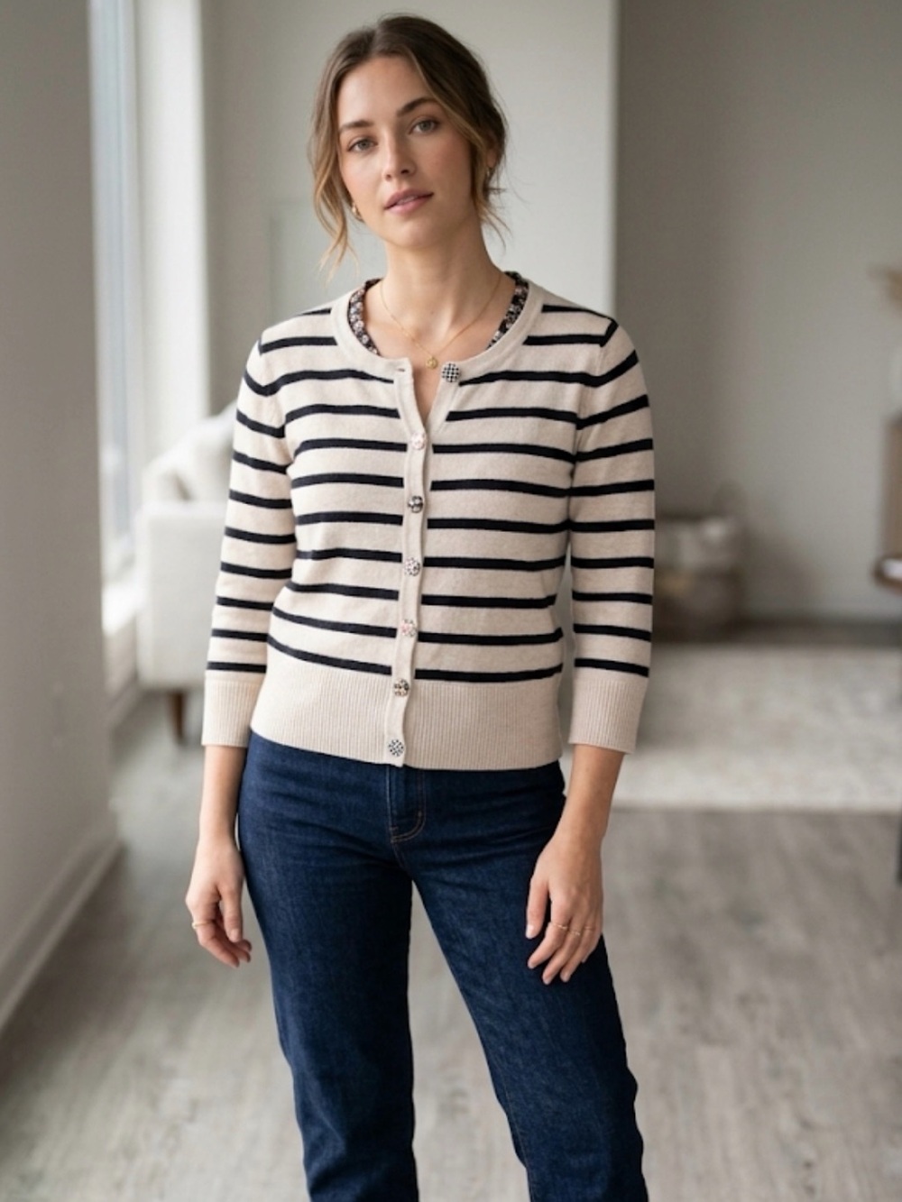 Christopher Banks Medium Striped Button-Front Cardigan in Cream and Navy